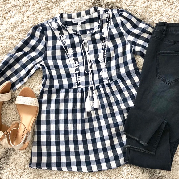 🆕 Gingham Black White Buffalo Plaid Checkered Top - Picture 2 of 3